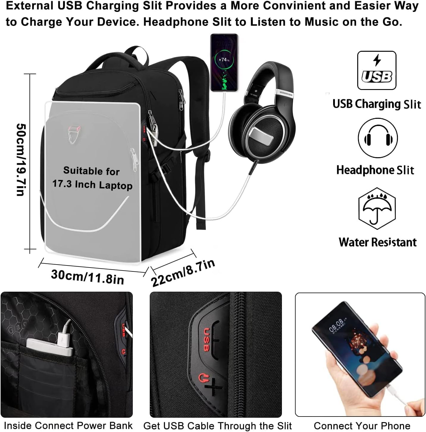 Travel Laptop Backpack, Anti Theft Backpack for Men and Women with USB Charging Port Business Computer Backpack Bag (Black 2811-17 Inch)