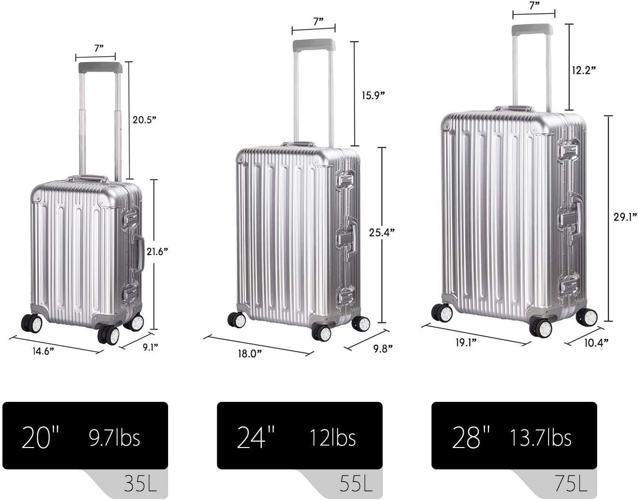 TRAVELKING All Aluminum Luggage Zipperless Hard Shell Suitcase with TSA Lock Spinner Wheels Lightweight Metal Alloy Suitcases (Silver, 24 inch)