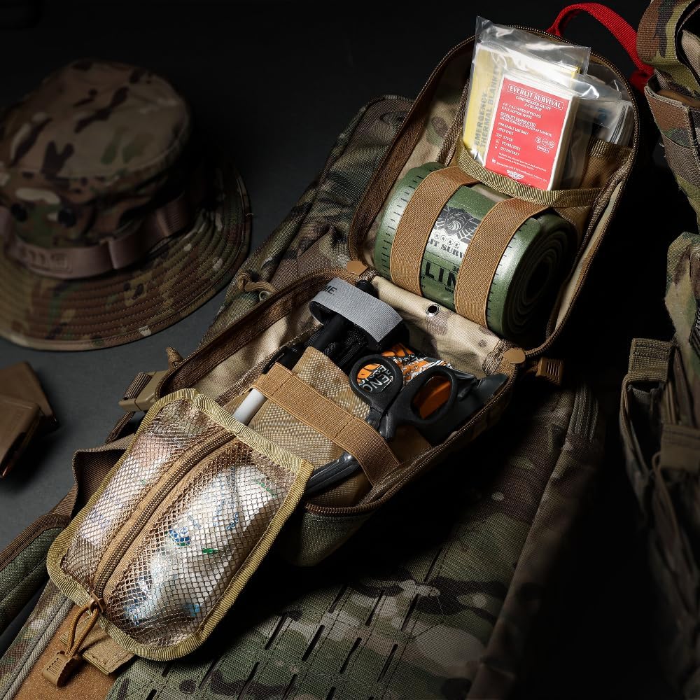 EVERLIT Emergency Trauma Kit, CAT GEN-7 Tourniquet 36" Splint, Military Combat Tactical IFAK for First Aid Response, Critical Wounds, Severe Bleeding Control (Black Camo)