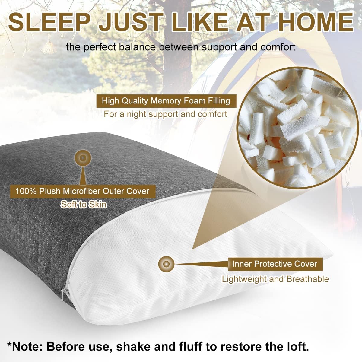 Ivellow Travel Pillow Compressible Camping Pillow for Sleeping Shredded Memory Foam Pillow Compact Firm Supportive for Adults Kids Outdoor Backpacking Hiking Essential Gear