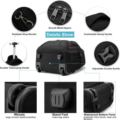 Rolling Backpack,18 inch Laptop Backpack with Wheels for Adults,Large Water Resistant Wheeled Backpack for Travel Carry on Trolley Luggage Suitcase College Business Computer Bag for Men Women, Black