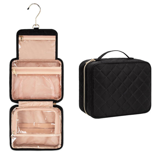 CUBETASTIC Hanging Travel Toiletry Bag, Portable Makeup Organizer for Women Men, 3 Compartment Cute Cosmetic Case Water-resistant Small Travel Bag for Toiletries, Black