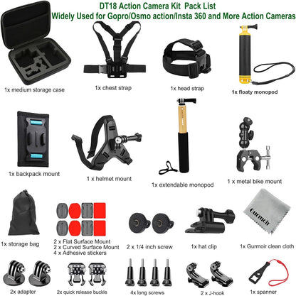 Gurmoir Accessory Kit for Osmo Action 5 pro 4/Insta 360 X5 X4 X3/Go Pro Hero13 12/Gopro Max 2/, Bike Mount/Hat Clip/Helmet Strap/Backpack Mount kit for Gopro/Osmo Action/Insta 360(DT18)