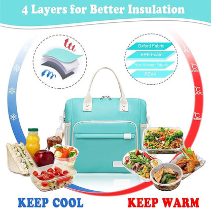 Preppy Lunch Box for Women Aesthetic Insulated Lunch Bag for Young Ladies Female, Teal