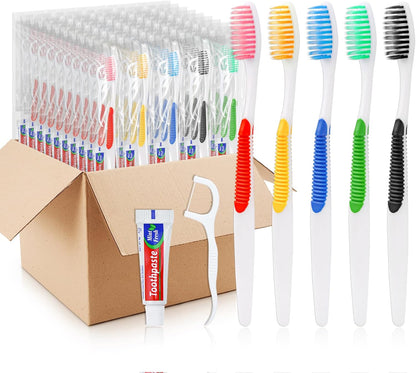 Disposable Toothbrushes with Toothpaste and Floss,200pcs Single Use Individually Wrapped Disposable Travel Toothbrushes and Dental Floss Kit Bulk for Homeless,Airbnb,Dentist,Hotel(5 Colors)