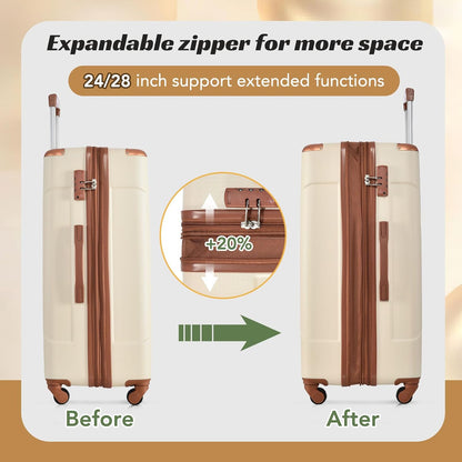 Merax 28 Inch Checked-Large Luggage with Wheels Aluminum Alloy Corner Hard Shell Suitcase TSA Luggage Suitcases for Travel Woman Men(White Brown)