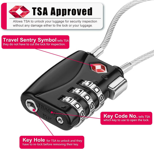 ZHEGE TSA Wire Lock 2 Pack Cable Luggage Lock with Alloy Body for Suitcase, Baggage, Backpack, Pistol Case (Black & Silver)