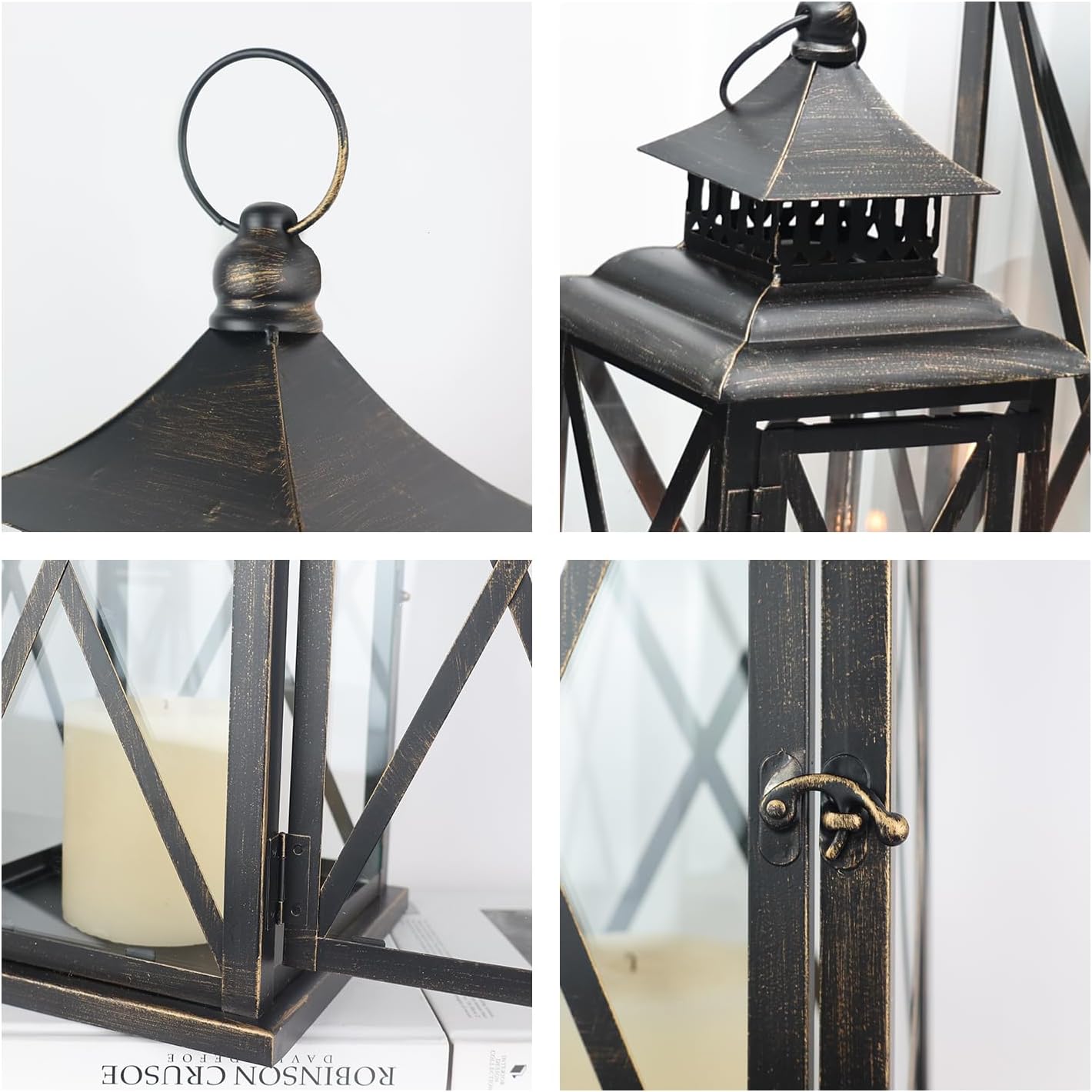 DECORKEY 3PCS (20’’&13’’&9’’) Lanterns Decorative Indoor & Outdoor, Vintage Metal Frame Candle Holders for Front Porch, Patio, Pathway, Balcony, Garden, Yard Decor, Halloween Christmas Decorations