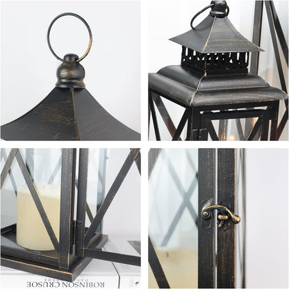 DECORKEY 3PCS (20’’&13’’&9’’) Lanterns Decorative Indoor & Outdoor, Vintage Metal Frame Candle Holders for Front Porch, Patio, Pathway, Balcony, Garden, Yard Decor, Halloween Christmas Decorations