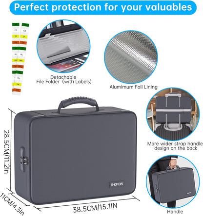 ENGPOW 5200℉ Fireproof File Organizer Bag with 13 Pocket Accordion File Folder,Document Organizer Box with Lock&Labels,Multi-Layer Portable Home Travel Safe Storage Box for Important Documents,Gray
