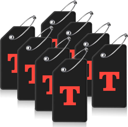 8 Pcs Luggage Tags for Suitcases, 26 Initial Letter Travel Luggage Baggage Identification Labels ID Tags Fully Bendable Tags with Stainless Steel Loop (Letter T, Black)
