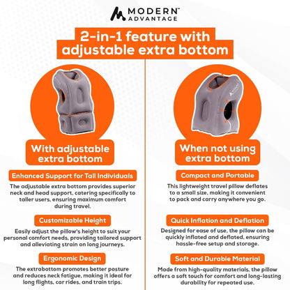 Modern Advantage Inflatable Travel Pillow for Airplanes with Adjustable Extra Bottom, Support Head & Chin to Avoid Neck & Shoulder Pain, for Travelling, Office Napping with Eye Mask & Earplug (Grey)