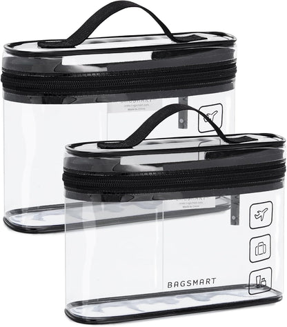 BAGSMART TSA Approved Toiletry Bag, 2 Pack Clear Makeup Cosmetic Bag Organizer, Quart Size Travel Bag for Toiletries, Carry-on Travel Accessories Essentials, Black-2pcs