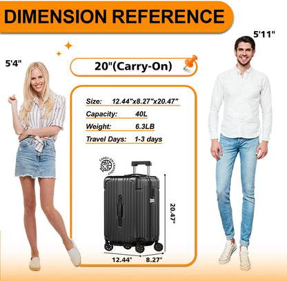 Krute Carry on Luggage PC+ABS Suitcases with Double Spinner Wheels 22x14x9 Airline Approved Luggage with TSA Lock 20 Inch (Black)