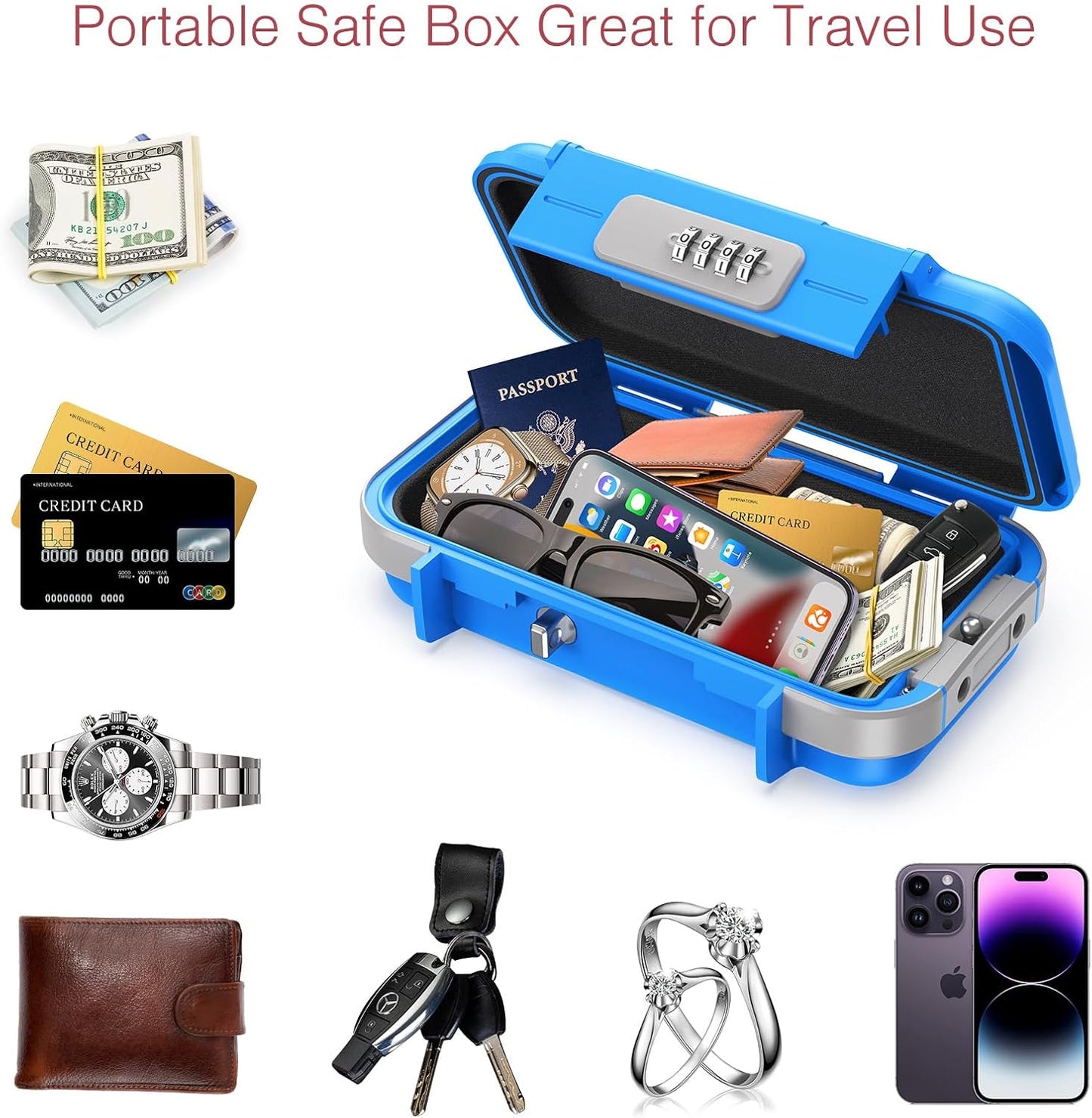 LOFICOPER Portable Safe Box, Portable Security Case, Waterproof Combination Lock Box for Travel, Small Personal Beach Safe with Removable Chain, for Travel, Hotel, Riding, Blue