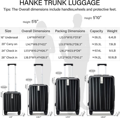 Hanke 20 Inch Carry-On Luggage PC Hard Shell Suitcases for Travel Front Opening Aluminum Frame Travel Luggage Rolling Suitcase with Wheels for Women Man Gifts.(Jet Black)