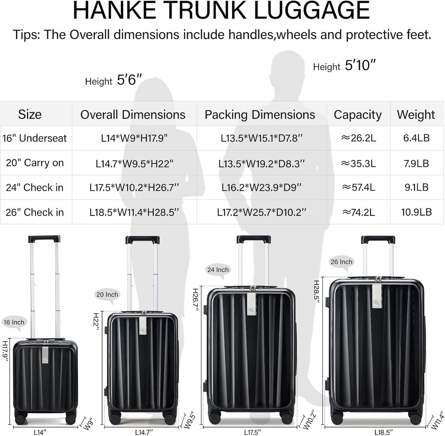 Hanke 26 Inch Large Checked Luggage PC Hard Shell Luggage Top Opening Travel Luggage Suitcases with Wheels for Woman Men.(Jet Black)