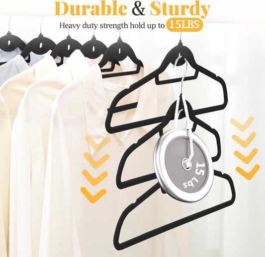 Velvet Felt Stackable Hangers 50 Pack, Non Slip, with 360° Swivel Hook, Ultra Thin and Space Saving for Suits, Shirts, Coats, 15Lbs Capacity Heavy Duty, Black