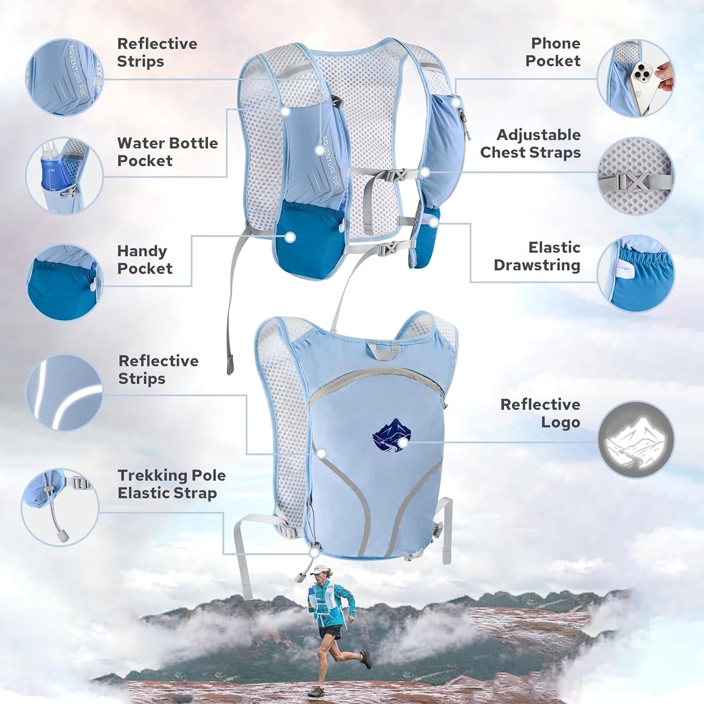Lightweight Running Vest for Women Men, Adjustable Hydration Backpack with 500ml TPU Soft Flask, Breathable Reflective Large Capacity Water Backpack for Running Cycling Marathon Hiking