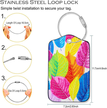 Luggage Tags for Suitcases-Leather Luggage Tag 4 Pack with Loops Cute Bag/Backpack/Suitcase Tags Travel Essentials for Flying (Colorful Leaft)
