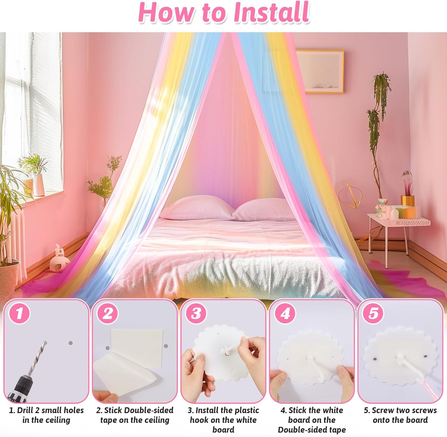 Mosquito Net for Bed, Large White Bed Canopy for Girls, Hanging Bed Net, Ideal for Bedroom Decorative, Travel with Storage Bag (Rainbow1)