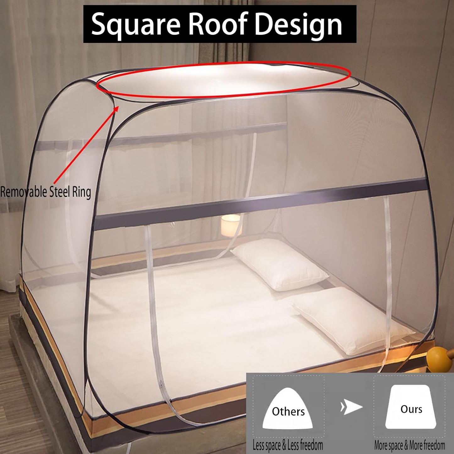 CMINGJ Mosquito Net for Bed, Portable pop up Mosquito Netting with Bottom, Free Installation-Suitable for Bedroom, Camping, Folding Portable Design for Baby Adults (Gray & Gray Bottom Edge)