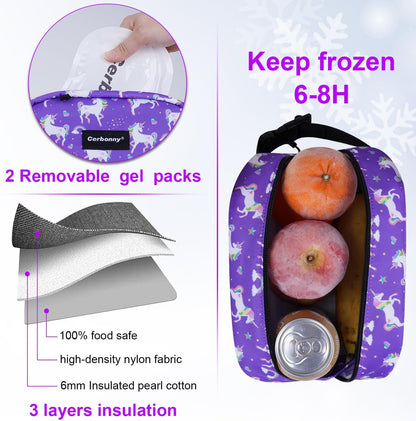 Cerbonny Small Freezable Cooler Bag for Work, School, Travel - Insulated Lunch Bag for Kids/Adults, Mini Size Fits Yogurt - Suitable for 3+ (Purple Unicorn)