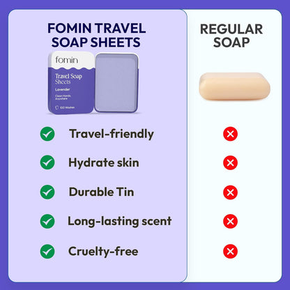 FOMIN - Antibacterial Paper Soap Sheets Tin for Traveling - (100 Sheets) Lavender Portable Travel Hand Soap Sheets, Dissolvable Mini Camping Hand Soap for Hand Washing