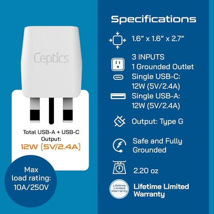 Ceptics UK adapters for travel to London, Hong Kong, Ireland - USB-A + USB-C & USA Input - Type G Adapter Grounded - Ideal for Phone, Laptop, Cameras
