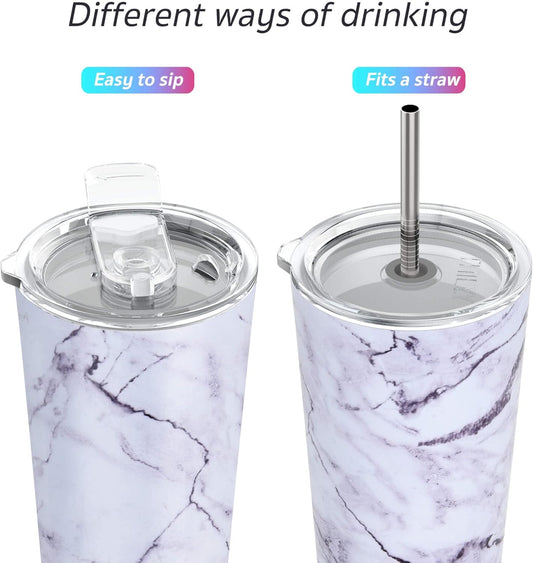 THILY Stainless Steel Vacuum Insulated Tumbler Travel Mug 26 oz Coffee Cup with 2 Lids and Straws, Splash Proof, Keep Ice Drinks Cold, White Marble