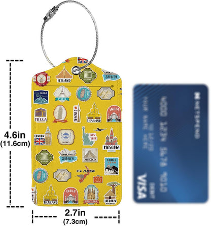 Travel Stamps Collection 2-Pack Luggage Tags for Suitcases,Leather Baggage Tag with Loop, Tags Private Name ID Labels for Women Girl Men Boys Travel Baggage Suitcase