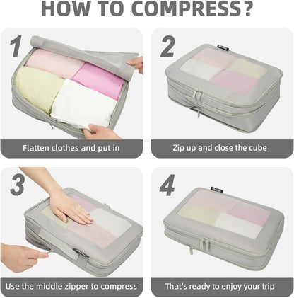 BAGAIL 4 Set/6 Set/8 Set Compression Packing Cubes Travel Accessories Expandable Packing Organizers (Square Mesh, 06-Grey)