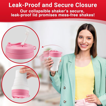 Protein Shaker Bottle Pink Collapsible - Food-Grade, Leakproof Lid 600mL 20oz Pink Shaker - Reusable Silicone Shaker Cups for Protein Shakes
