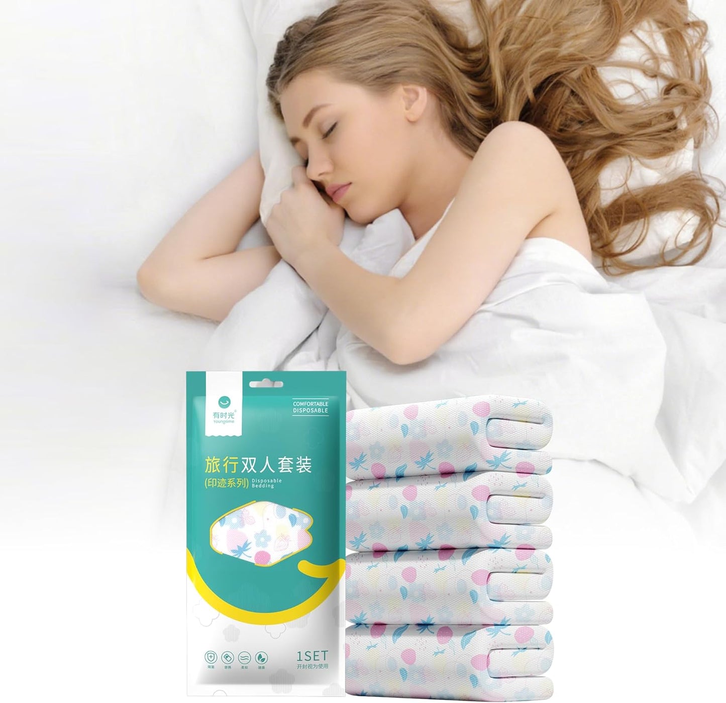 YOUNGTIME Disposable Sheets for Travel,Portable Bedspread Disposable Bedding Set with Bed Sheets Quilt Cover and 2 Pillowcases for Hotel & Trips,Strawberry