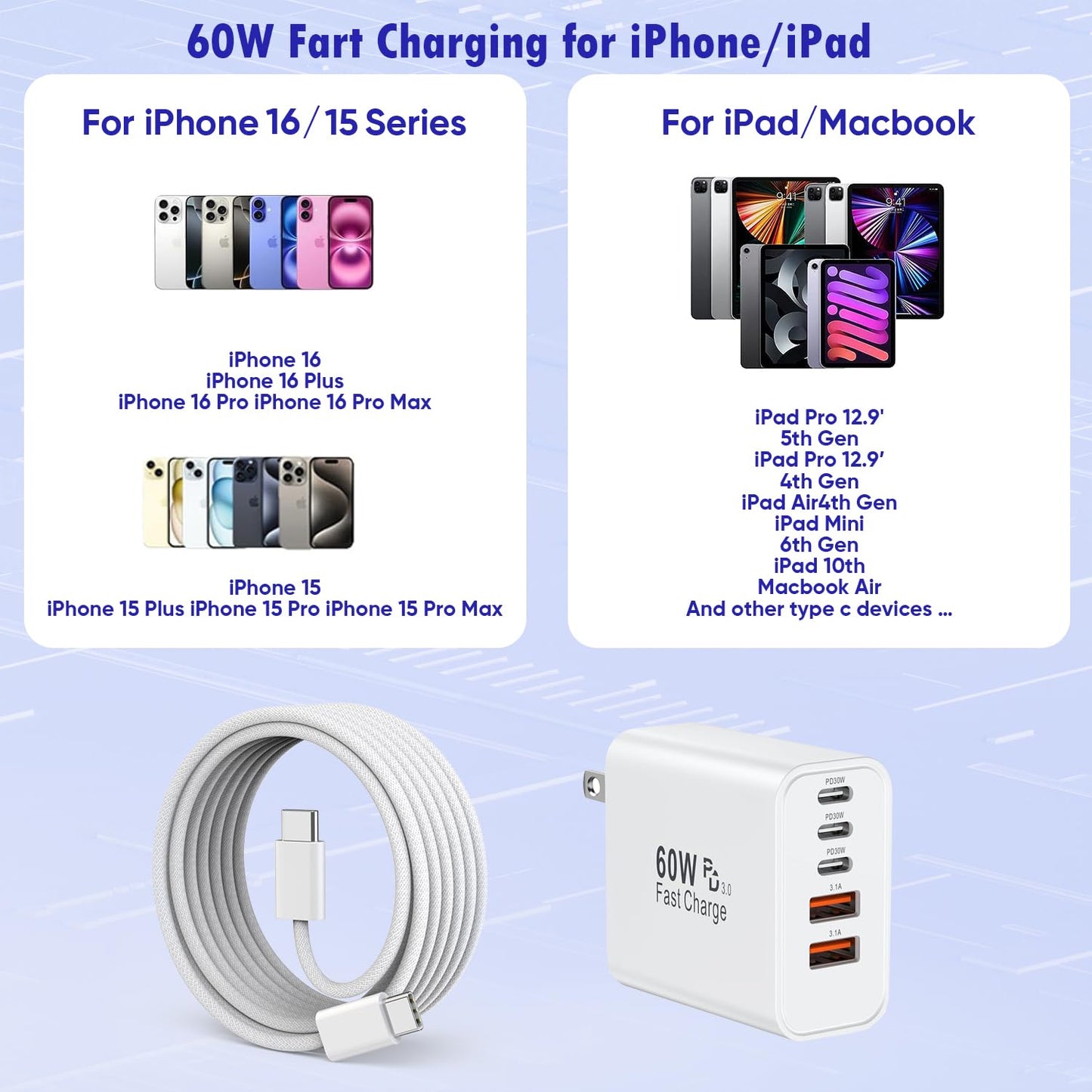 iPhone 17/16 Fast Charger Block,2 Pack 60W USB Charging Block 5-Port Charge Adapter for Apple iPhone Charger with 6FT USB C Woven Fast Charging Cable for iPhone17/16e/16Pro/15ProMax, iPad Pro/Air/Mini