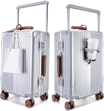feilario 24in Aluminum Frame Wide Handle Hard Shell Carry On Suitcase - Vivid Colors Double Spinner Wheels Airline Approved Rolling Luggage with TSA Lock & Cup Holder (Silver, 24in)