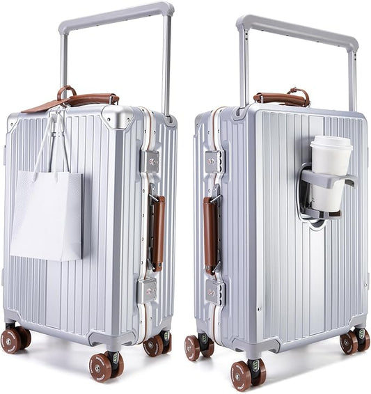 feilario 24in Aluminum Frame Wide Handle Hard Shell Carry On Suitcase - Vivid Colors Double Spinner Wheels Airline Approved Rolling Luggage with TSA Lock & Cup Holder (Silver, 24in)