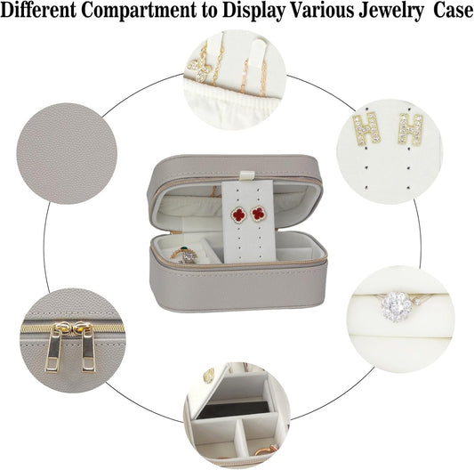 Travel Jewelry Case Small Suitable For Jewelry Organizers and storage In A Carry-on Handbag, PU Leather, Sturdy And Smooth Gold Metal Zipper, Travel Essential Gray Small Jewelry Box