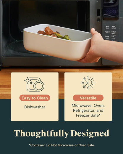 Caraway Glass Food Storage, 6.6 Cup Glass Container,Ceramic Coated Food Container,Easy to Store, Non Toxic, Non Stick Lunch Box Container with Glass Lids. Dishwasher, Oven,Square Shape,Cream