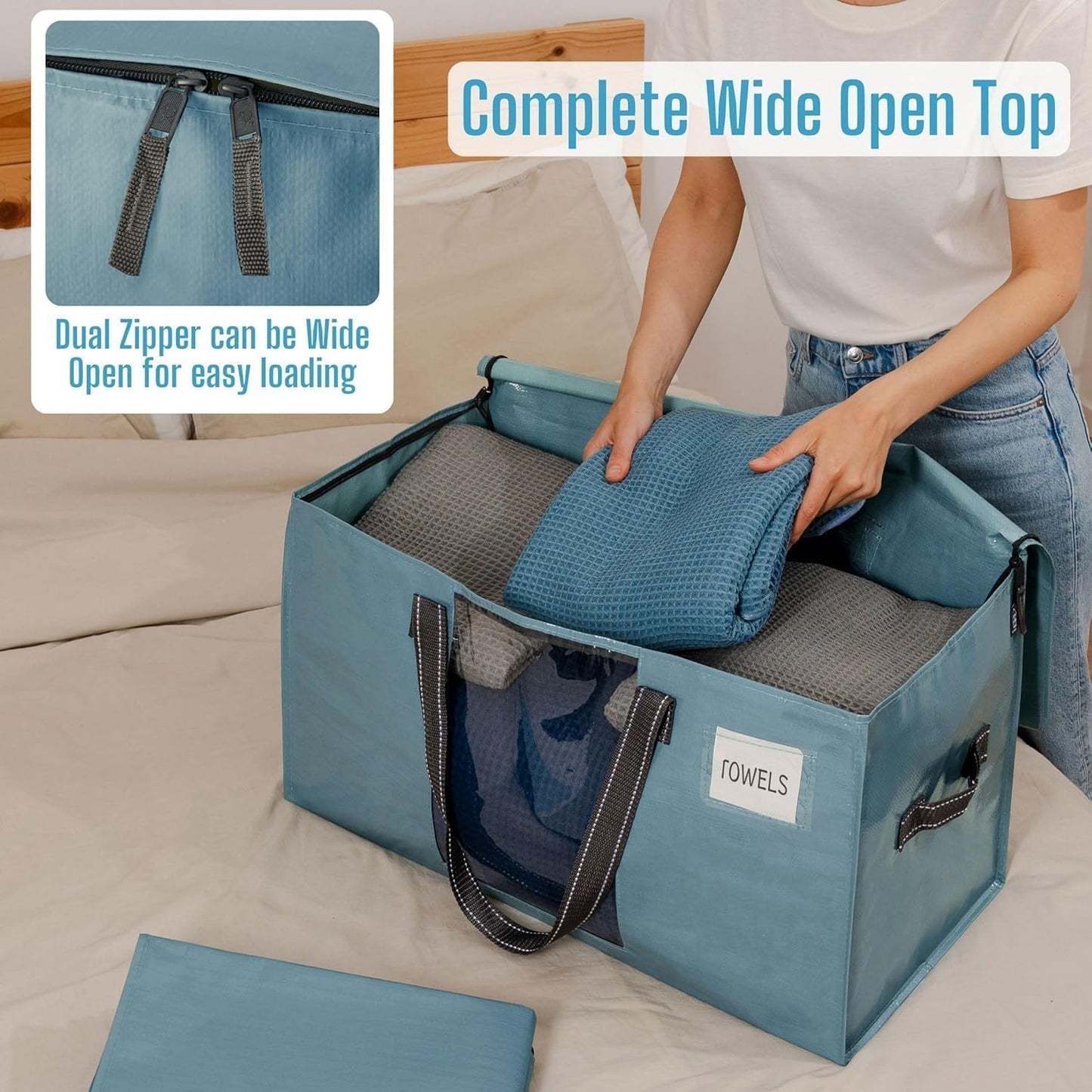 VENO 2 Pack Moving Bags, Comforter and Blanket Storage Bags for Closet, Moving Boxes, Boxes with Lids Alternative, College Dorm Packing Supplies, Foldable Heavy-Duty Tote (Shiny Light Blue, 2 Pack)