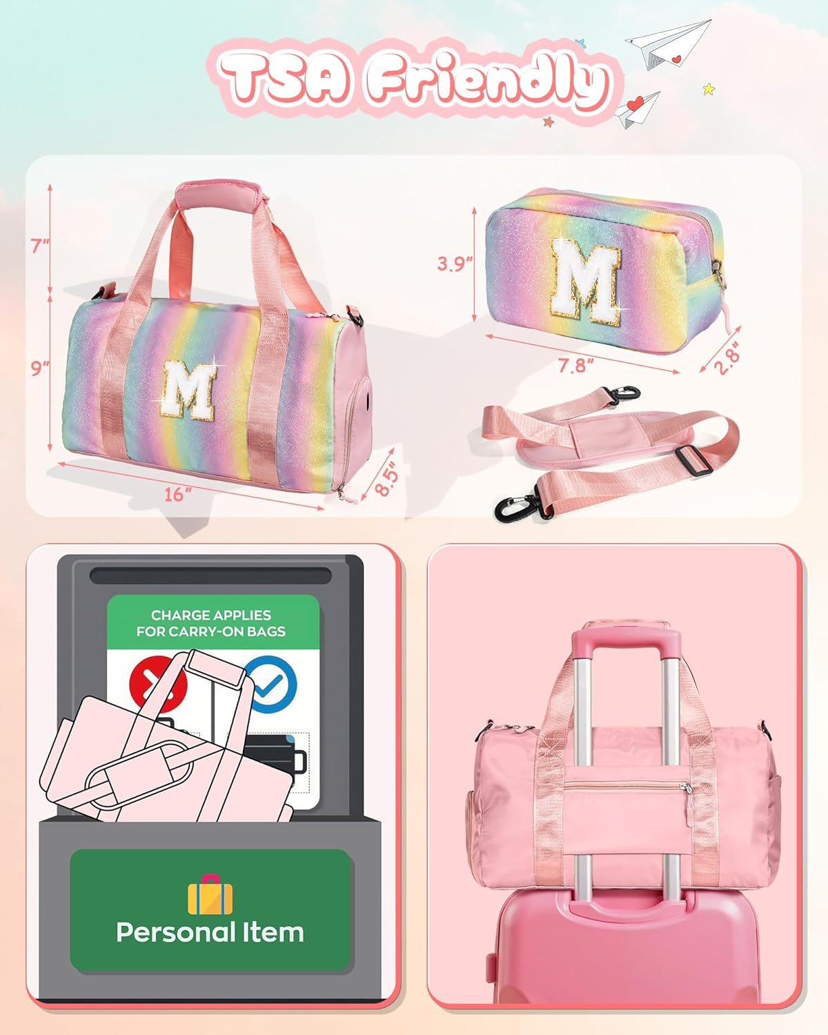 Valentines Day Gifts for Her-Girl Gym Bag with Shoe Compartment, Kid Personalized Weekender Overnight Bags, Initial Travel Tote with Makeup Pouch, Girls Kids Easter Gift (Letter V)
