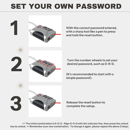 TSA Approved Luggage Locks - Small Combo Travel Padlock with Cable, TSA 007 Suitcase & Backpack Security, Durable & Easy to Use (Black+Silver)