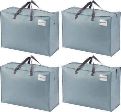 VENO 4 Pack Heavy Duty Moving Bags, Storage Bags, Packing Supplies, Top Zipper, Storage Totes for Camping, Clothes, Bedding, Comforters, Pillows (27 Gallon Light Blue, 4 Pack)