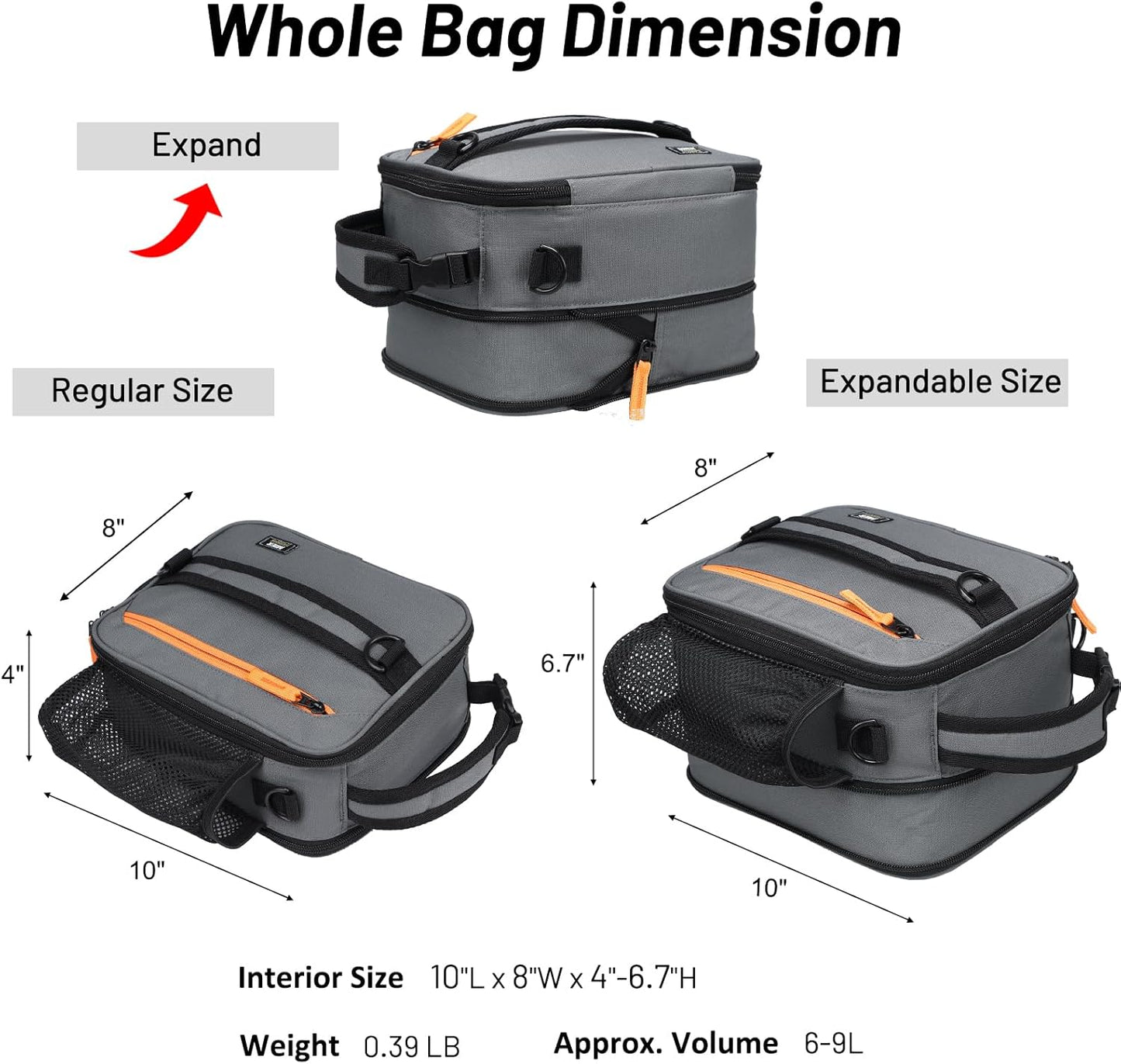 MIER Expandable Lunch Bag Insulated Lunch Box for Men to Work Travel Portable Lunchbox Bags with Shoulder Strap and Water Bottle Holder(Grey/Orange)