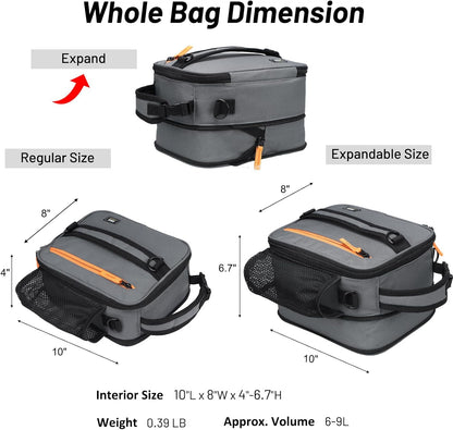 MIER Expandable Lunch Bag Insulated Lunch Box for Men to Work Travel Portable Lunchbox Bags with Shoulder Strap and Water Bottle Holder(Grey/Orange)