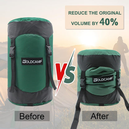 GoldCamp Compression Sack, 40% More Storage! 18L/30L/43L/49L/65L Compression Stuff Sack, Waterproof & Ultralight Sleeping Bag Stuff Sack - Space Saving Gear for Camping, Hiking (Green, XXXL)