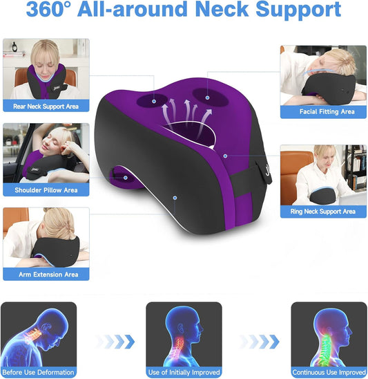 Neck Pillow Airplane, Ergonomic Memory Foam Travel Pillows for Long Flights, 3D Eye Masks, Ear Plugs and Portable Drawstring Bag, Napping Pillow for Home, Sleep Rest, Family and Travel Use