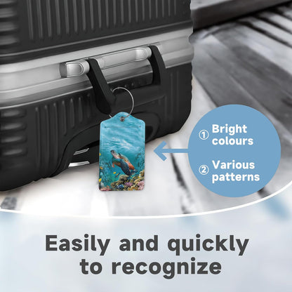 Set of 2 Luggage Tags for Suitcases, Leather Turtle Fish and Coral Baggage Tags with Stainless Steel Loop, Privacy Name ID Card Cover Kawaii Travel Labels for Women Men Kids Girls