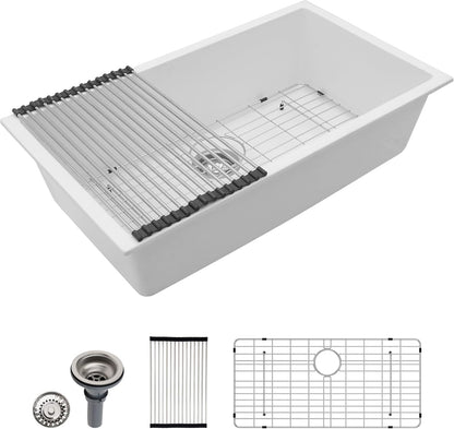 Dcolora 33" Quartz Granite Composite White Kitchen Sink Undermount Sink Deep Single Bowl, Round Corner, 33"x19", DC-GU7750