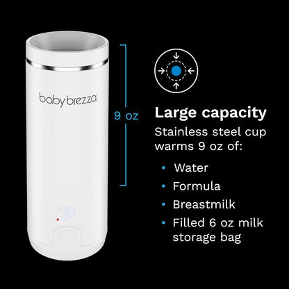 Baby Brezza SuperFast Portable Baby Bottle Warmer – 67% Faster - Travel Breastmilk Warmer and Formula Warmer - Safe, Even Heating - Up to 9oz - No Adapters, White